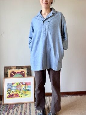 Light Blue Pullover Shirt with Camp Collar